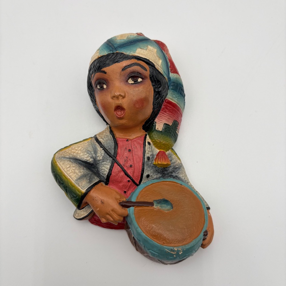 Vtg Hand Painted Ceramic Bust Child Hispanic Drummer Boy Wall‎ Hanging Art Decor